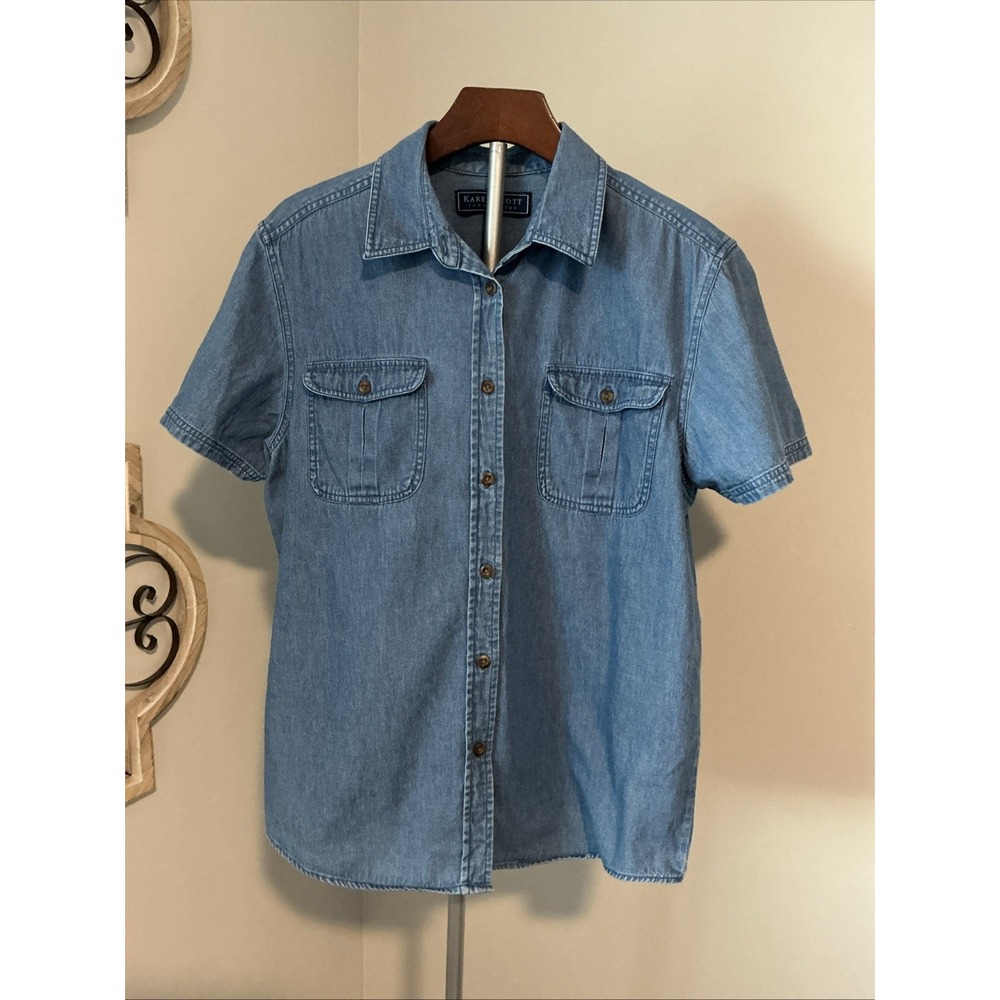 Karen Scott Denim Chambray Top Pockets Cotton Sz Large Western Cowgirl